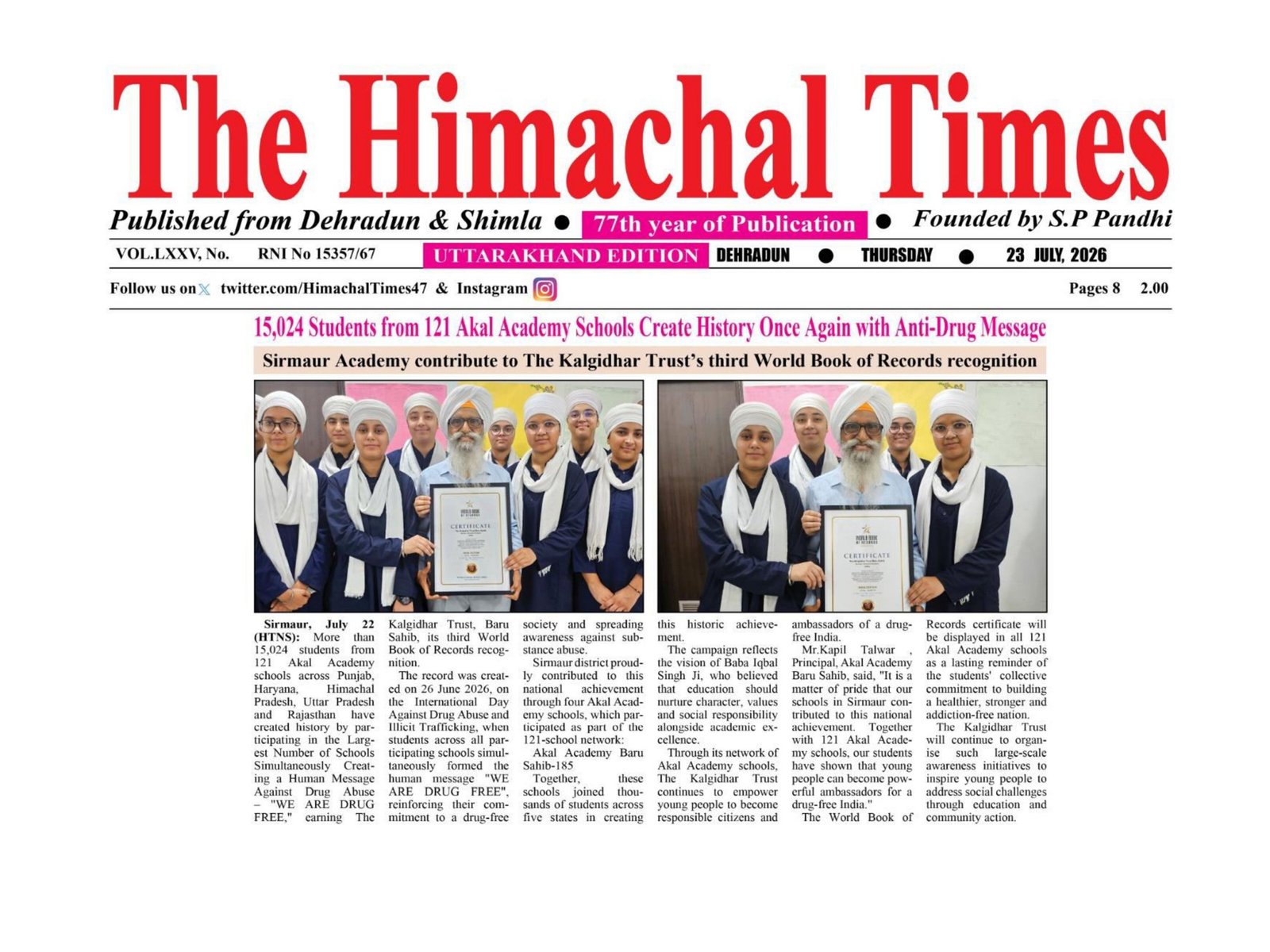 Extensive Media Coverage of the World Record Drug-Free Awareness Campaign